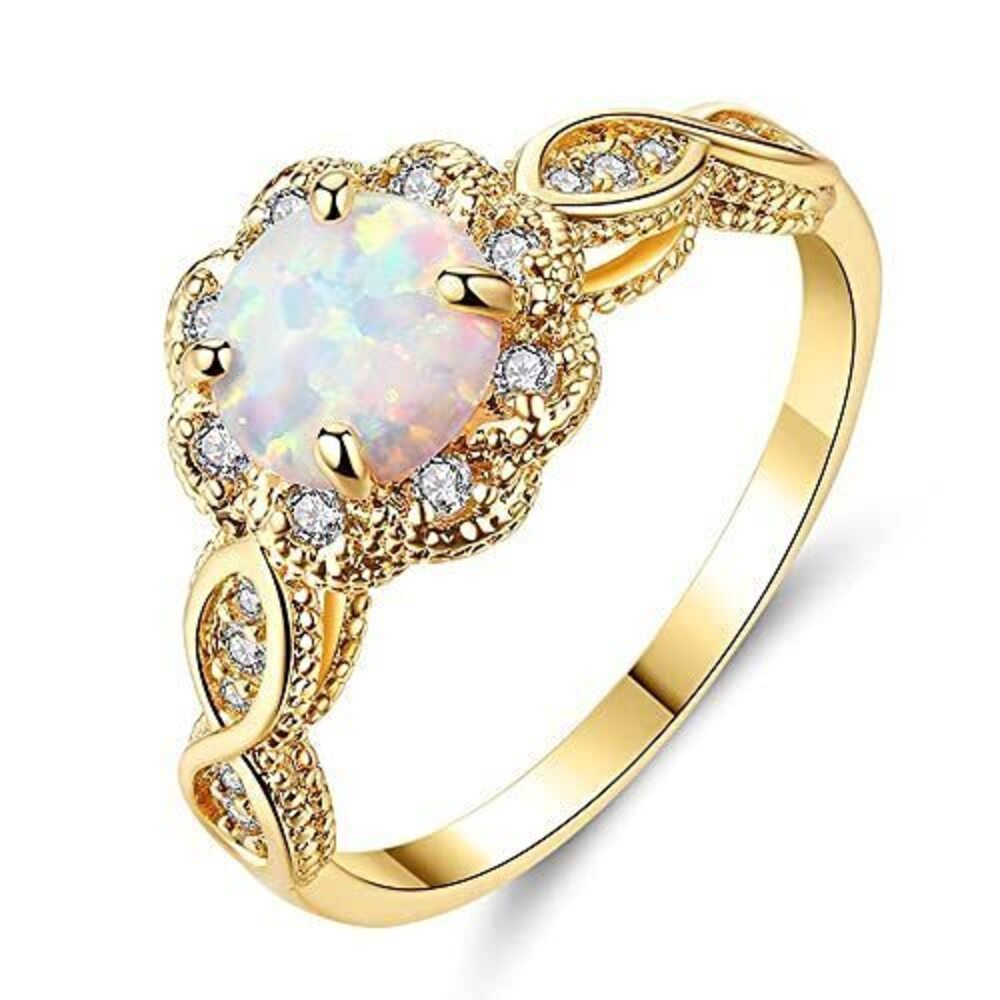 2230 18K Gold Plated Opal Ring-White Fire Opal & Amethyst & Cubic Zirconia